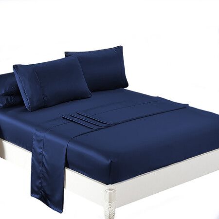 Silky Satin Sheets Fitted Double Blue