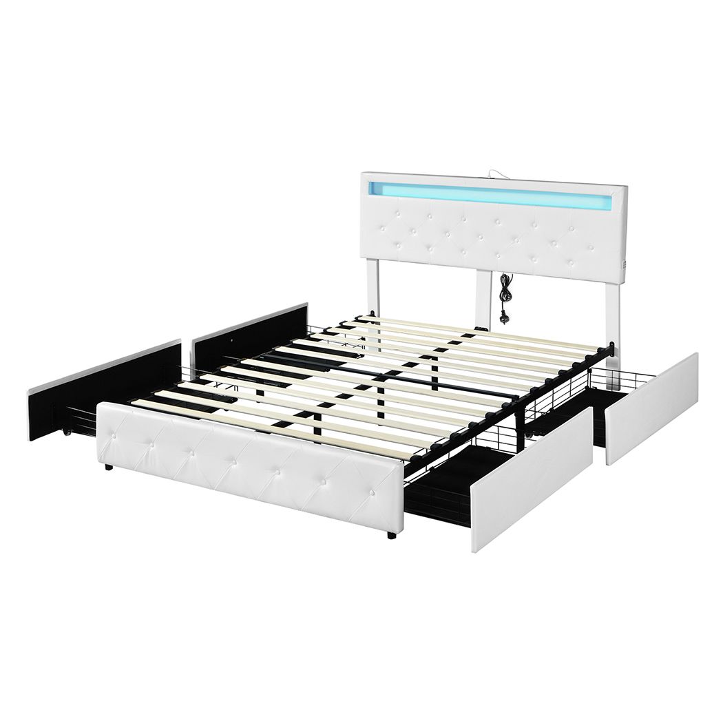 Queen Bed Frame RGB LED PU 4 Drawer USB