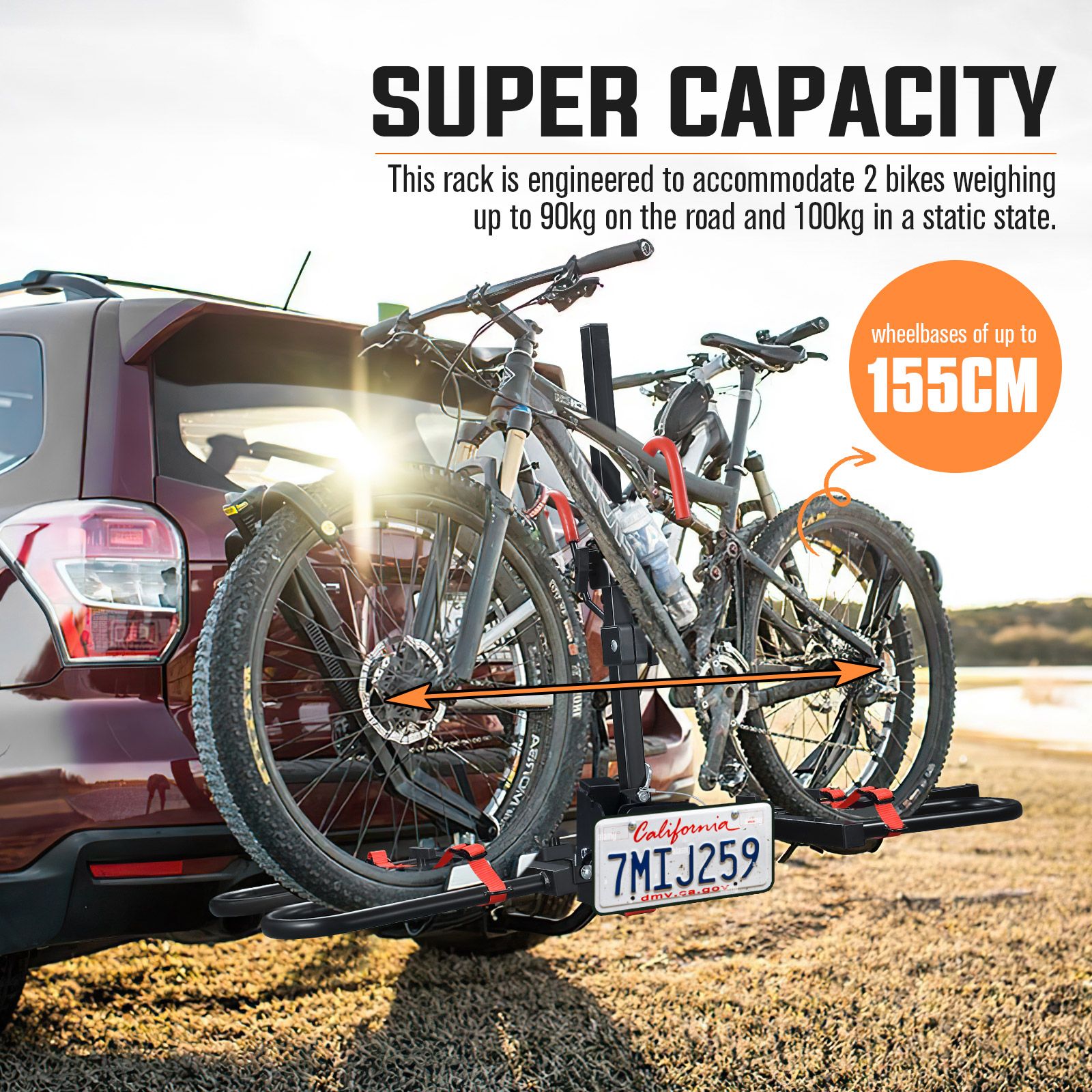 2 EBike Rack Vehicle Electric Bicycle Rear Carrier Holder Stand Cycle Storage Platform for Car 2 Inches Foldable Tilt with Lock