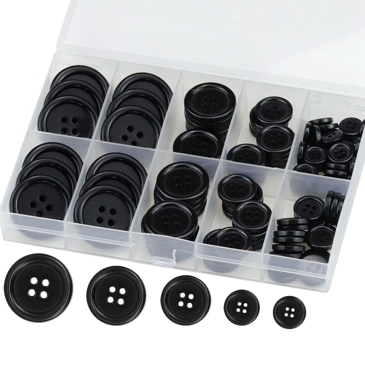 Premium 100 Pcs Resin Sewing Buttons,Eco-Friendly 4-Hole Craft Buttons,5 Sizes of Black Round Mixed Buttons Suitable for Sewing,DIY and Holiday Decoration