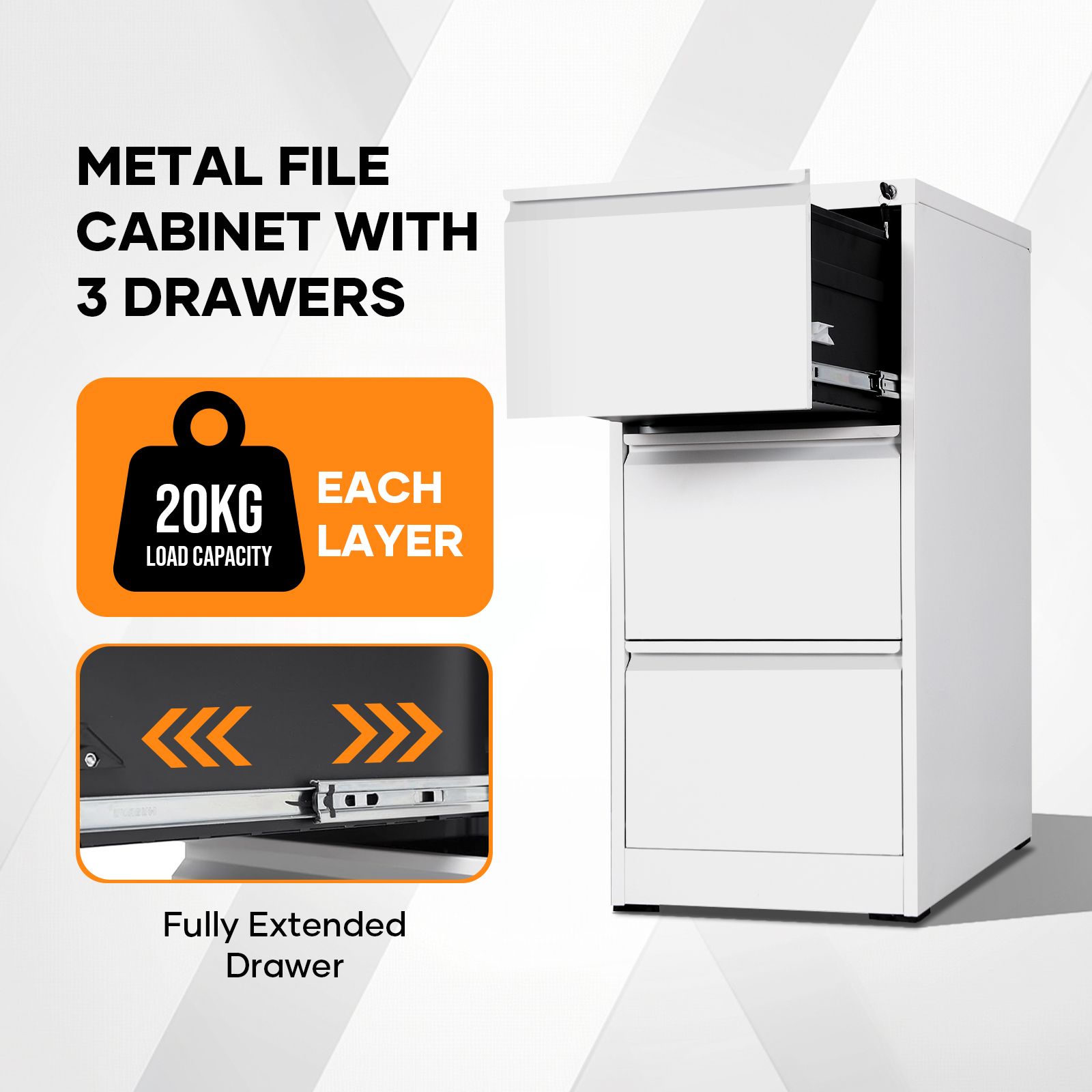 3 Drawer File Cabinet Steel Office Storage Furniture Organiser White Home Locking Filing Vertical Cupboard Unit for Letter Legal A4 F4 Documents