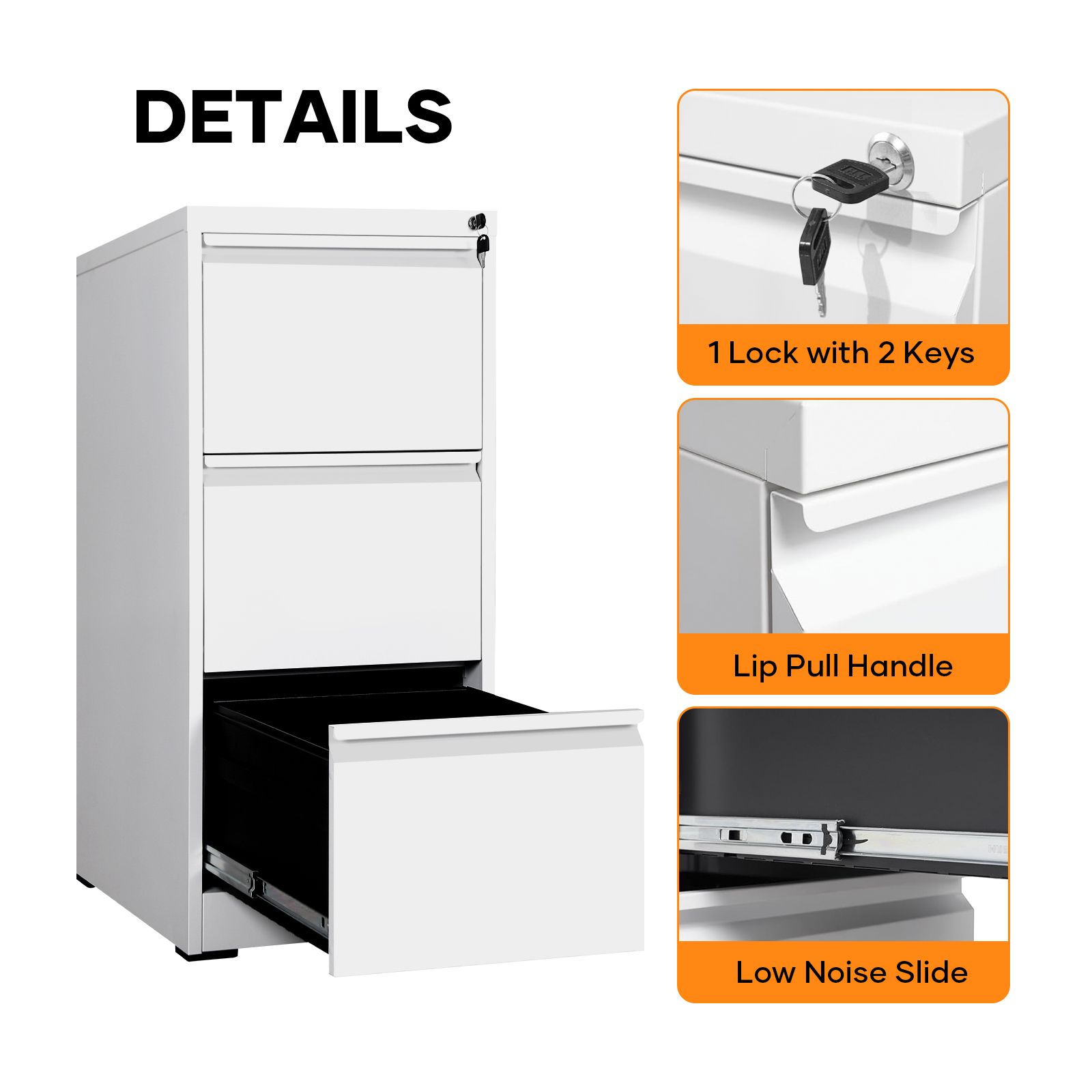 3 Drawer File Cabinet Steel Office Storage Furniture Organiser White Home Locking Filing Vertical Cupboard Unit for Letter Legal A4 F4 Documents