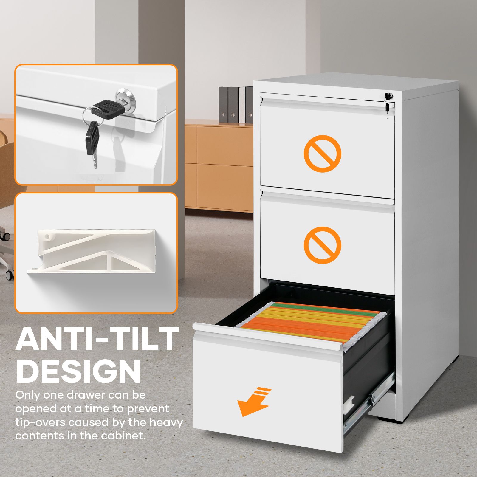 3 Drawer File Cabinet Steel Office Storage Furniture Organiser White Home Locking Filing Vertical Cupboard Unit for Letter Legal A4 F4 Documents