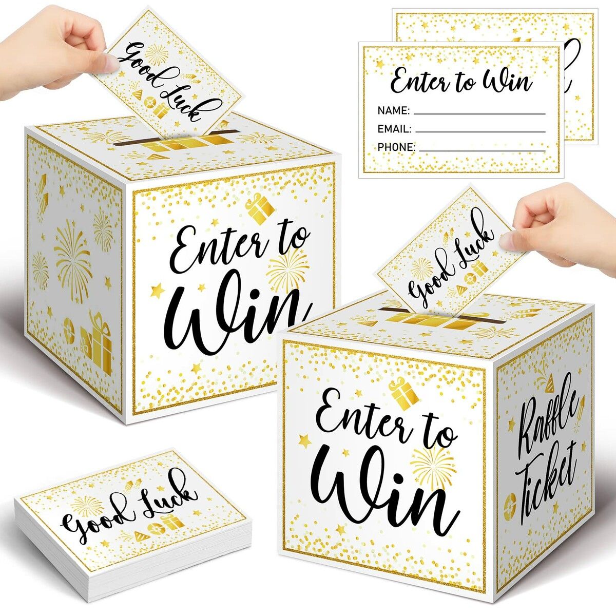 Gold Brass Donation Box Ballot Box Raffle Box Safe Suggestion Box with Raffle Tickets Cards Ballot Box with Slot Collection Box for Raffles (2 Pack)