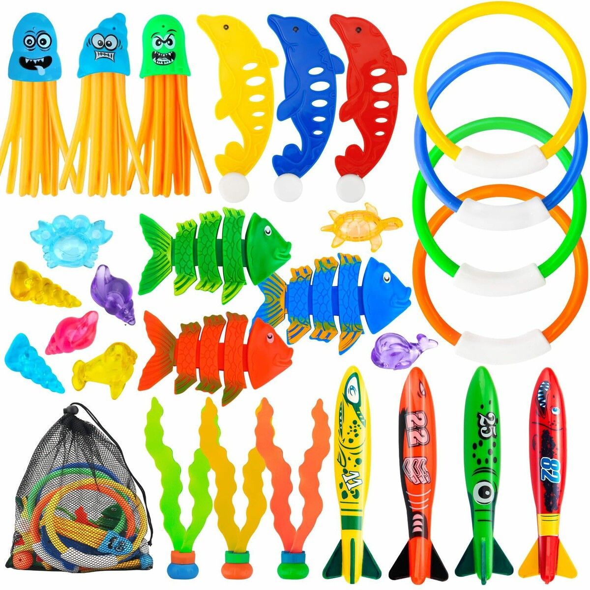 Diving Pool Toys for Kids Age 4-12,28Pcs Swimming Underwater Toys for Pool Party Favors,Summer Diving Toys with Fishes Rings Gems Mesh Bag