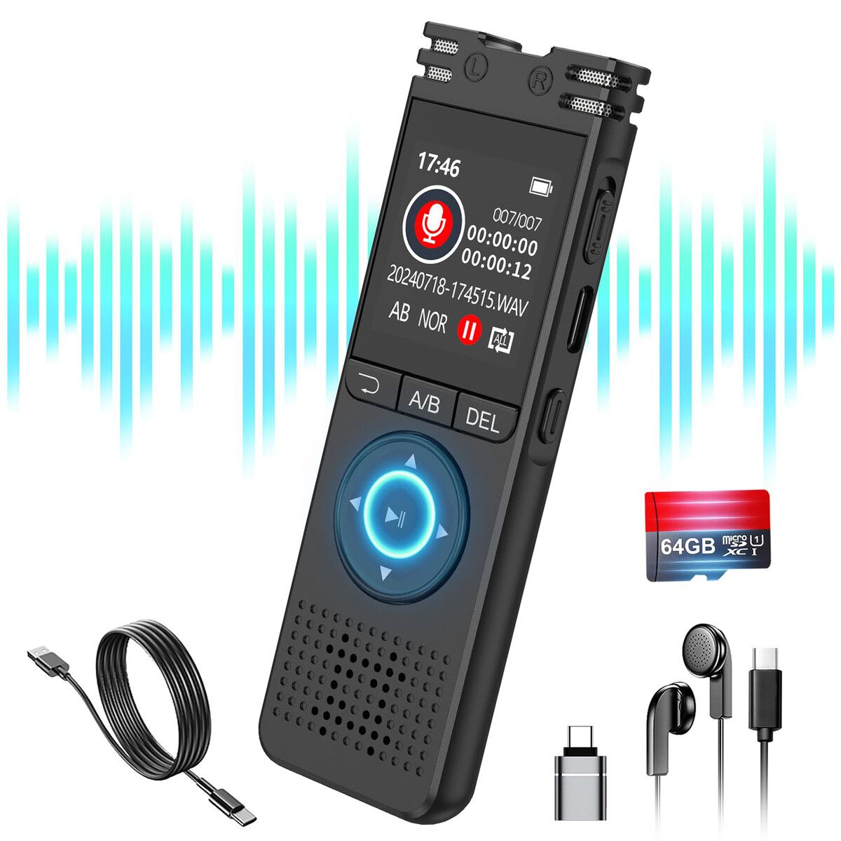 64GB Digital Voice Recorder with Playback,Voice Activated Recorder 7000 Hours,One Click Large Screen Sound Audio Recorder Recording Tape for Interviews/Meeting/Classes