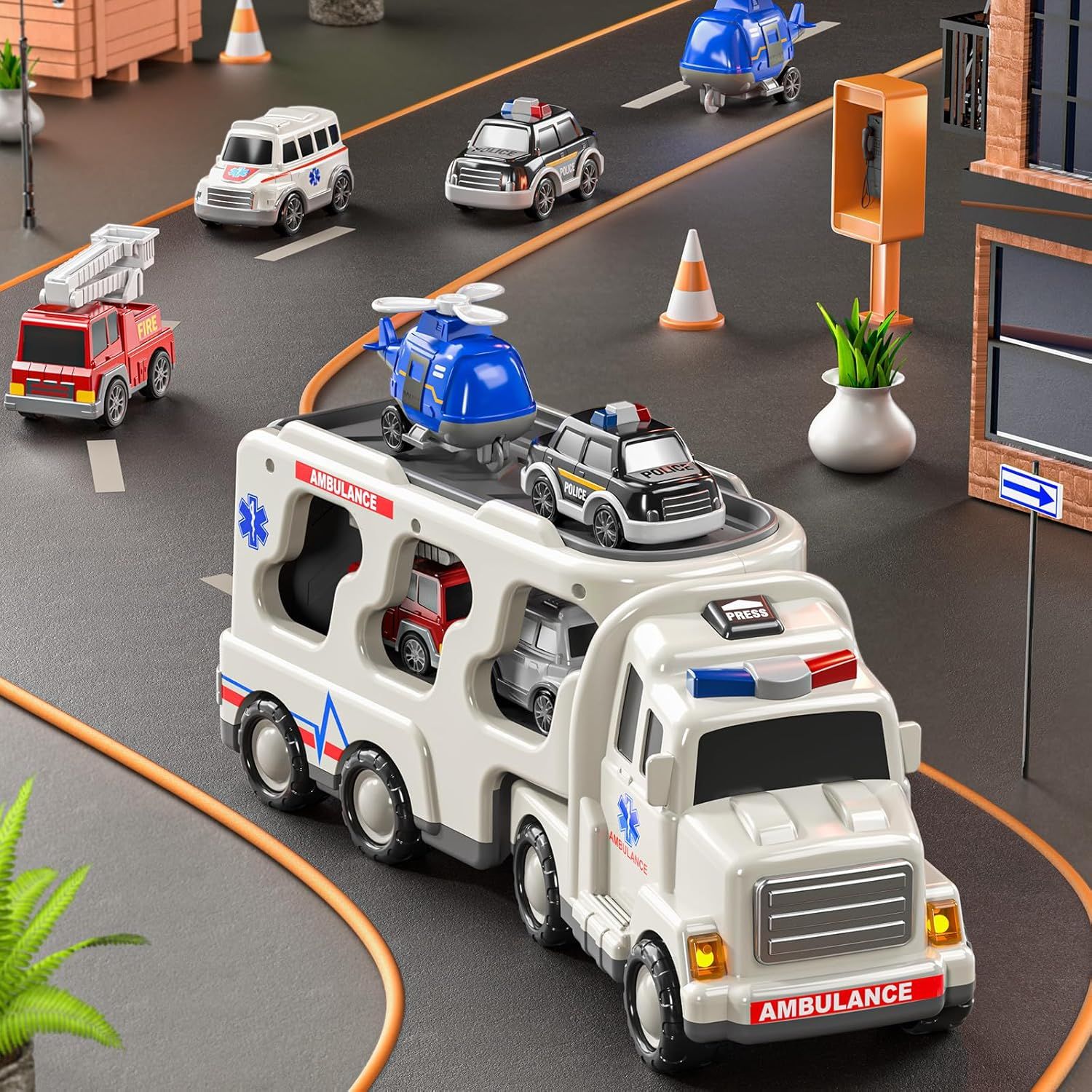 7 in 1 Emergency Rescue Vehicle Toddler Truck Toys, Friction Power Cars with Rescue Helicopter, Police Car, Fire Truck, Ambulance Car, Gifts for Kids Age 3-9