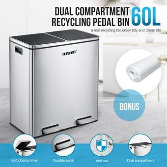 Modern 60L Dual Compartment Stainless Steel Garbage Bin | Crazy Sales