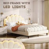 Wood Queen Bed Frame with LED Headboard Metal Platform Mattress Base Queensize Bedroom Furniture Sleep Foundation Upholstered Bedhead White