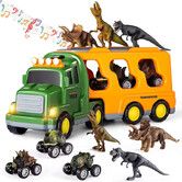7-in-1 Dino Truck Toys for Kids with Lights Music Transport Car Dino Figures Monster Cars Friction Power Toy Vehicle Play Set