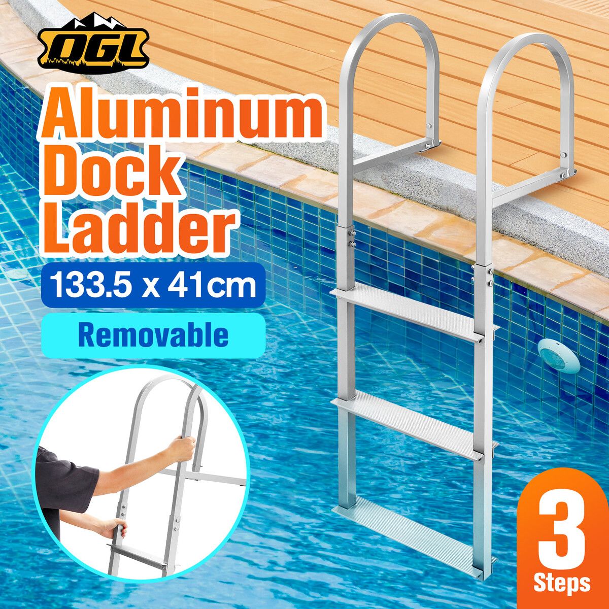 3-Step Boat Dock Pool Ladder Removable Aluminium Stairs Pontoon Deck Boarding Steps 227kg Load Inground Swim Pools Safety Handrail Non Slip