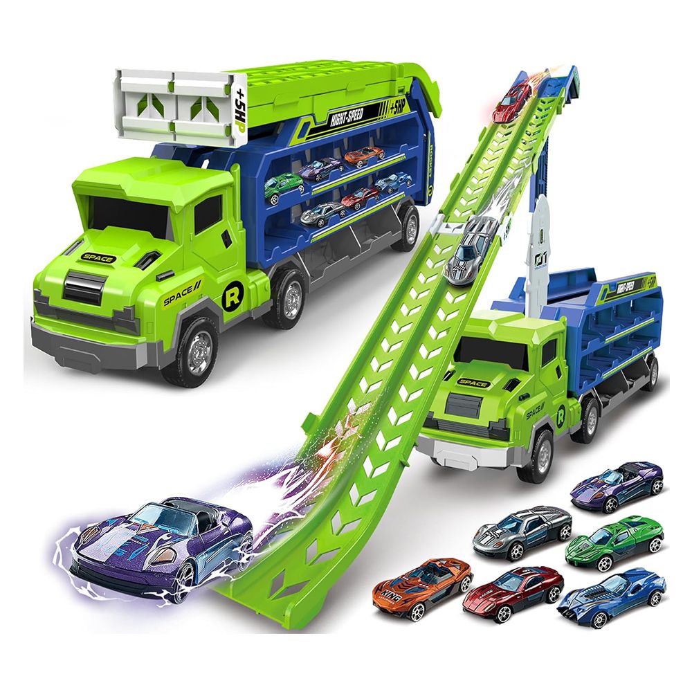 Carrier Truck Transport Car Toys, Foldable 2 Layer Car Race Track Playset with 46 in Race Track, 6 Metal Toy Cars, Birthday Toy Gift for Toddler Boys Girls Age 3+