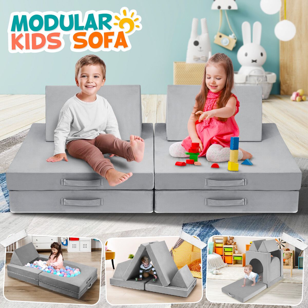 Modular Kids Sofa Set Play Couch 8pcs Convertible Lounge Chair Comfy Cushion Folding Sectional Toddler Bed Ball Pit Activity Playroom Storage