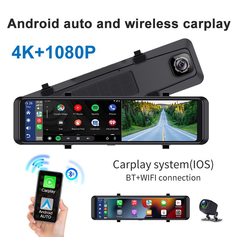 Wireless Carplay Android Auto Car Driving Recorder with 11.26 Inch IPS Touchscreen with 4K Front and Rear View Camera