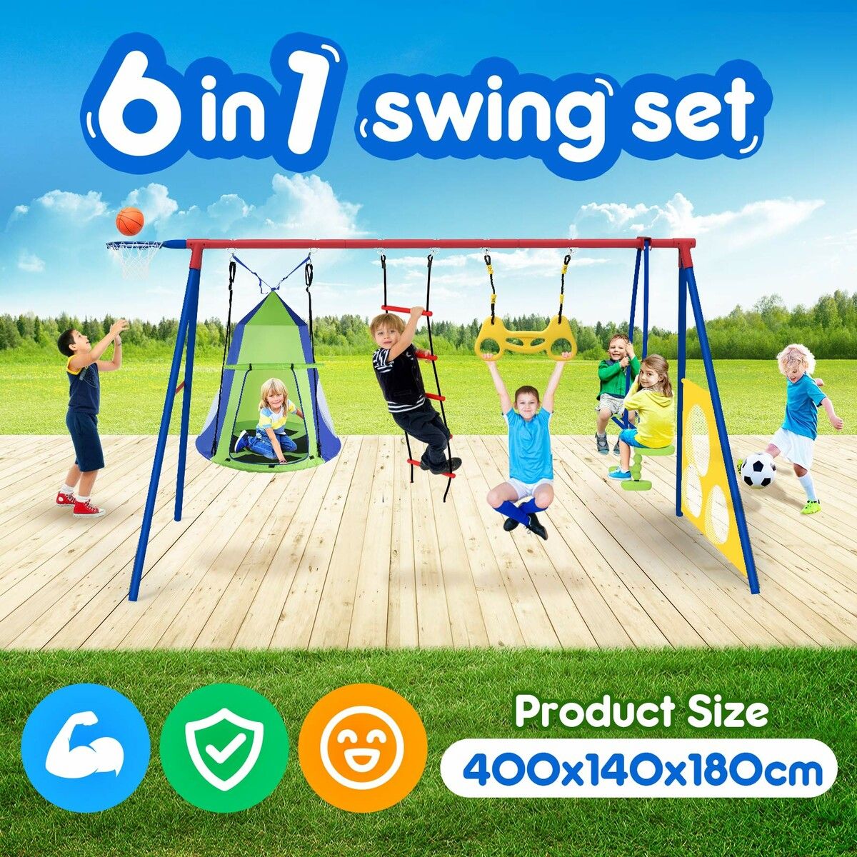 Kids Swing Set Seesaw Basketball Hoop Football Soccer Goal Tent Ladder Trapeze Bar Climbing Saucer 6in1 Child Outdoor Playground Activity Centre