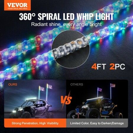 2 PCS 4 FT Whip Light, APP & RF Remote Control Led Whip Light, Waterproof 360° Spiral RGB Chasing Lighted Whips with 4 Flags, for UTVs, ATVs, Motorcycles, RZR, Can-am, Trucks, Off-road, Go-karts
