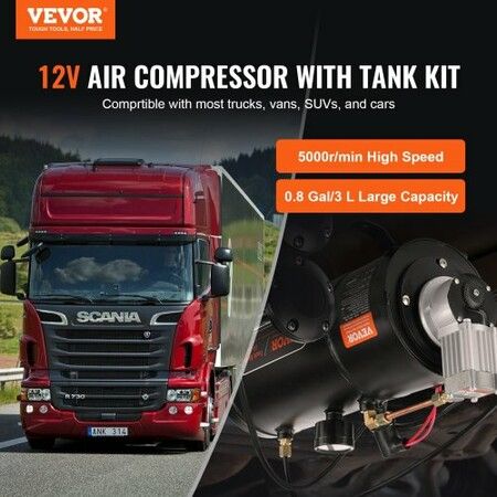 12V Air Compressor with Tank 0.8 Gallon/3 L, Train Horn Air Compressor, 120 psi Working Pressure Onboard Air Compressor System for Train Air Horns, Inflating Tires, Air Mattresses