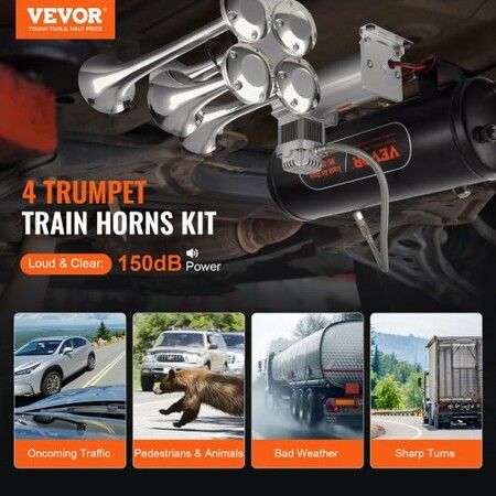 Train Horns Kit, 4 Trumpet Air Horn Kit, 150dB Train Horns for Pickup Trucks, 12V 160 psi Air Compressor 2.6 Gal/10 L Tank with Gauge for Any 12V Vehicle Car Truck Train Van Boat