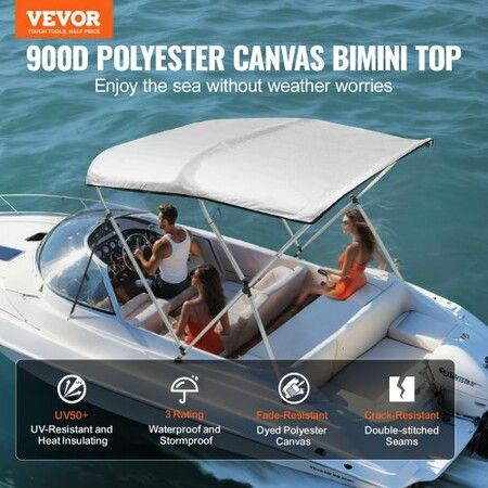3 Bow Bimini Top Boat Cover, 900D Polyester Canopy with 1" Aluminum Alloy Frame, Waterproof and Sun Shade, Includes Storage Boot, 2 Support Poles, 4 Straps, 6'L x 46"H x 67"-72"W, Light Grey
