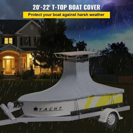 T-Top Boat Cover, Fit for 20\'-22\' Boat, Heavy Duty 600D Marine Grade Oxford Hard Top Cover, UV Resistant Waterproof Center Console Boat Cover with 2 Support Poles and 7 Wind-Proof Straps, Gray