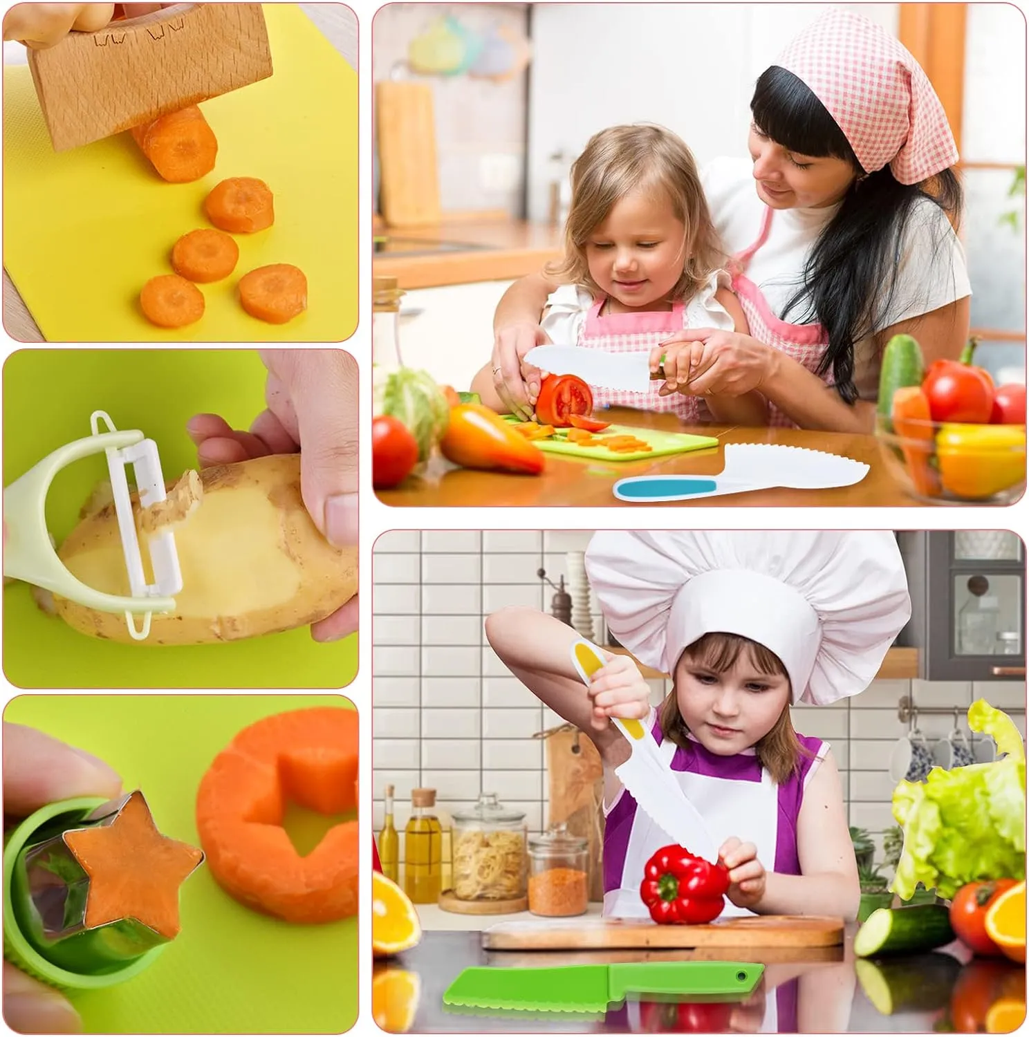 13 Pcs Montessori Kitchen Tools for Kids Age 3 to 10, Cooking Sets Real-Toddler Toys Set for Real Cooking with Plastic Toddler Safe Knives Crinkle Cutter Kids Cutting Board