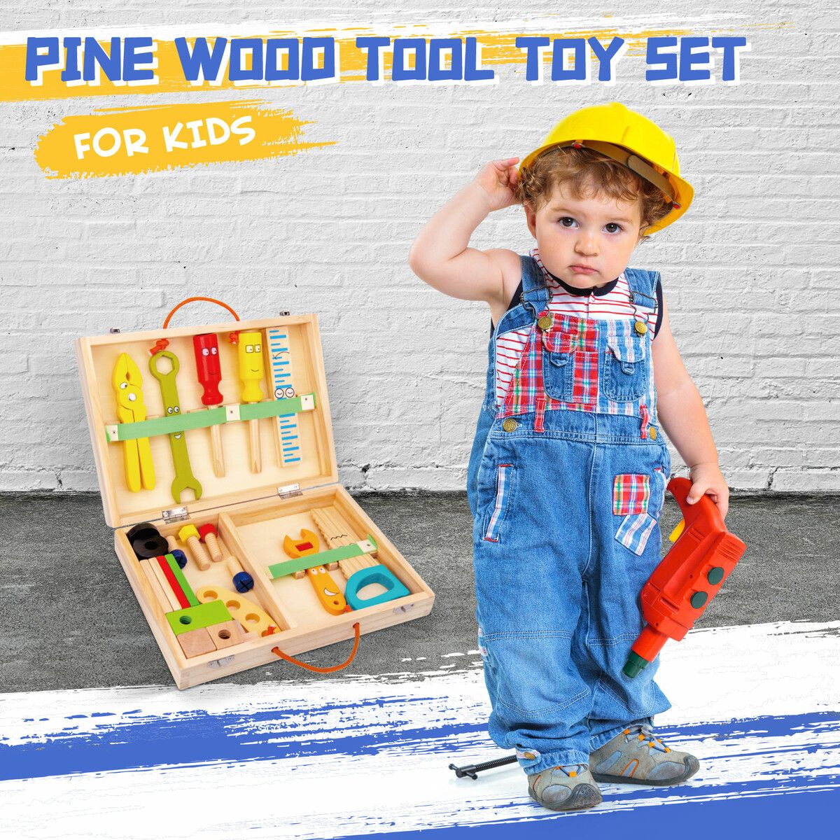 Wooden Kids Tool Set – 34pc Construction Role Play Kit, Educational Toy For Ages 3+