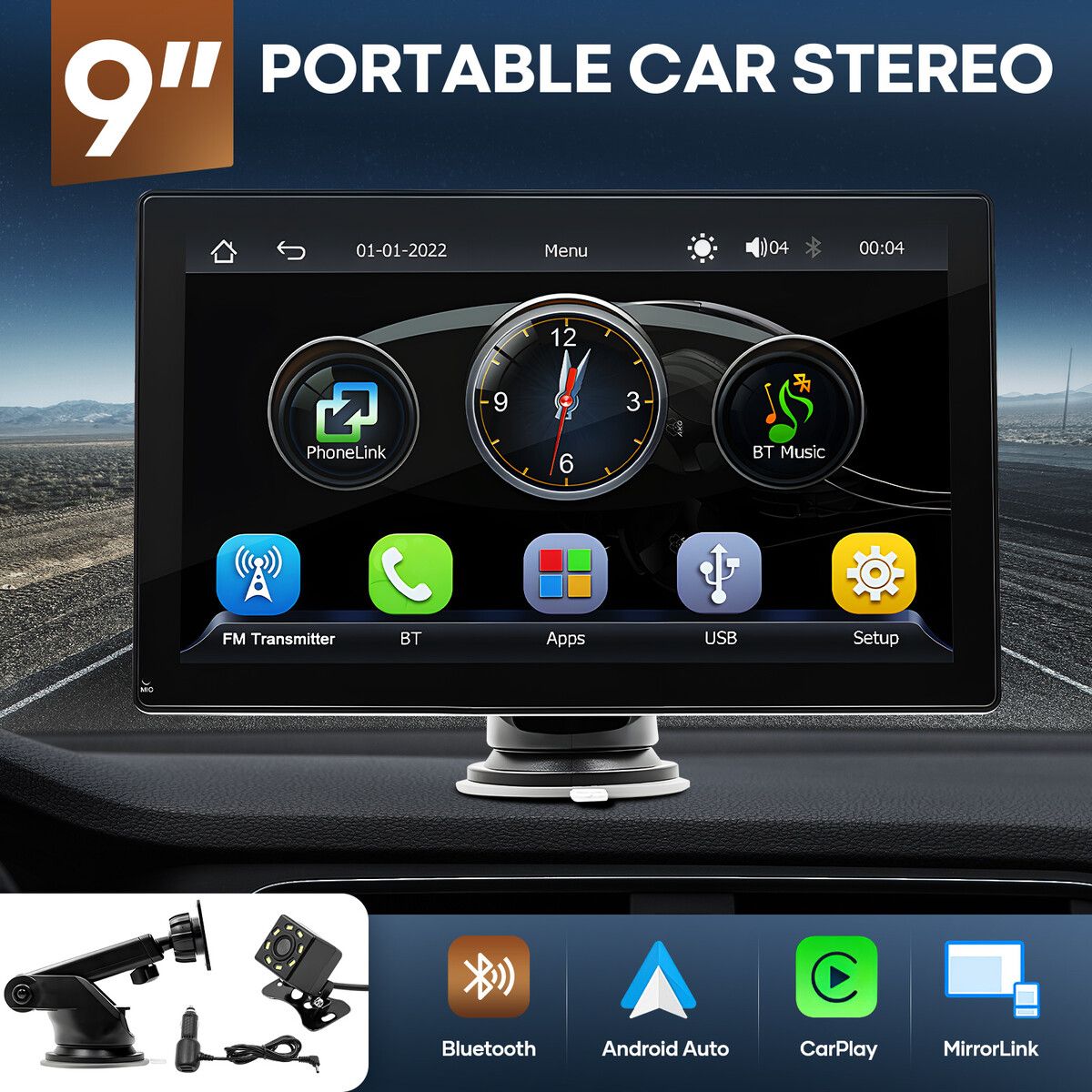 9 Inch Portable Car Stereo Radio Apple Carplay Android Auto MP5 Player Bluetooth Head Unit Audio Touch Screen System with Camera