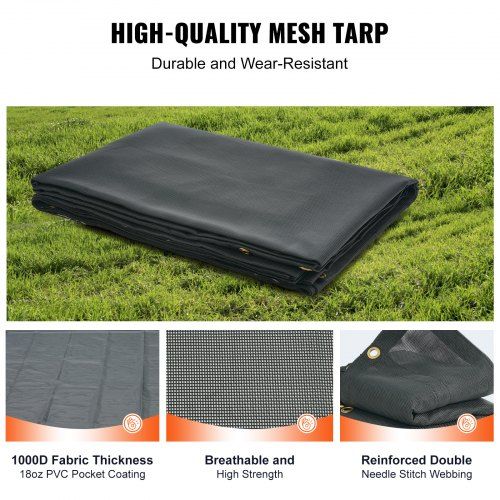 Dump Truck Mesh Tarp, 8 x 18 ft, PVC Coated Black Heavy Duty Cover with 5.5" 18oz Double Pocket, Brass Grommets, Reinforced Double Needle Stitch Webbing Fits Manual or Electric Dump Truck System