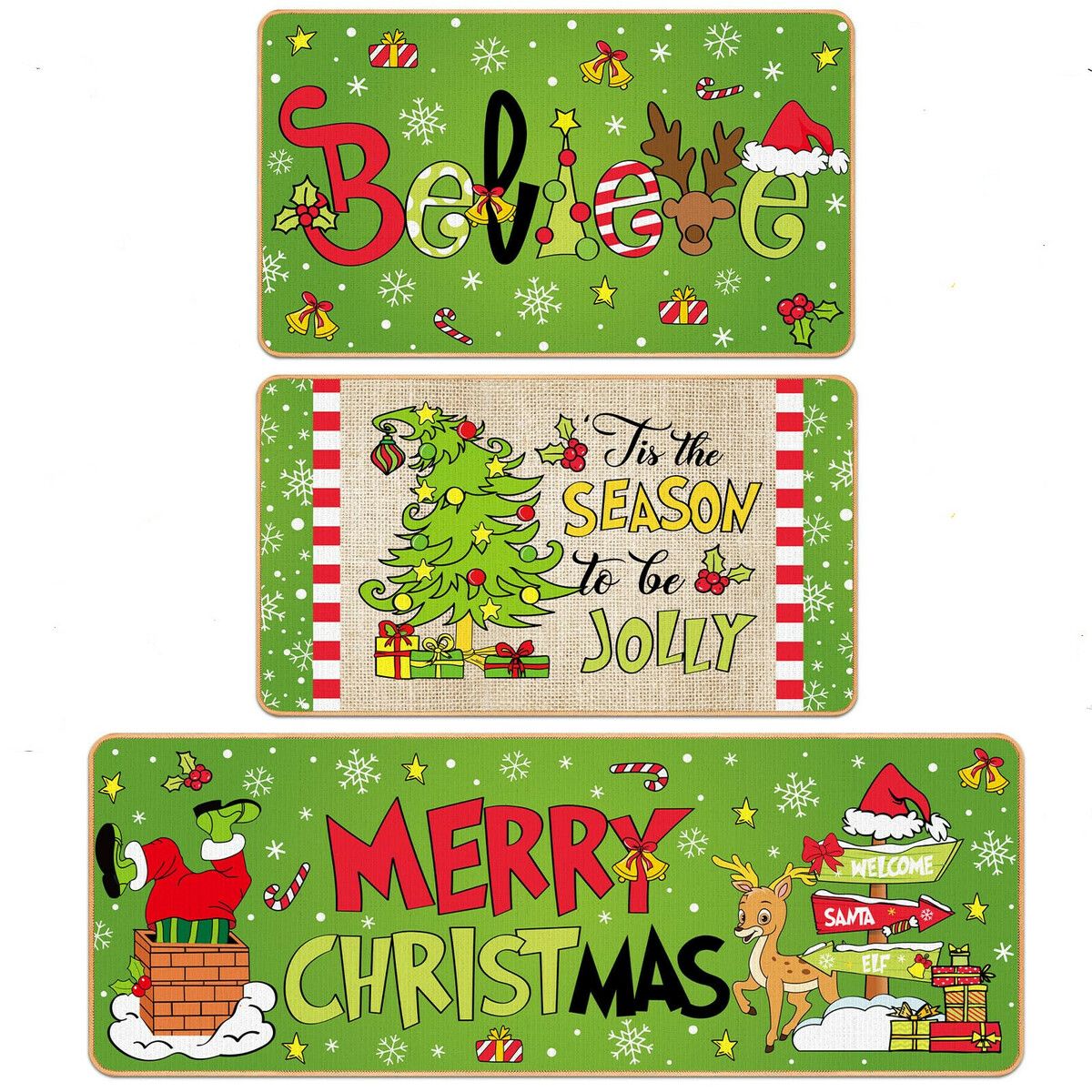 3 Pcs Christmas Kitchen Rugs Lime Green Door Mat Non Slip Believe Floor Rug Farmhouse Decorations for Home Floor Office