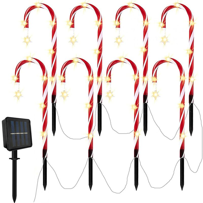 8 LED Solar Christmas Candy Cane Lights Outdoor Pathway Markers with Star for Walkway Driveway Lawn Yar  and Garden