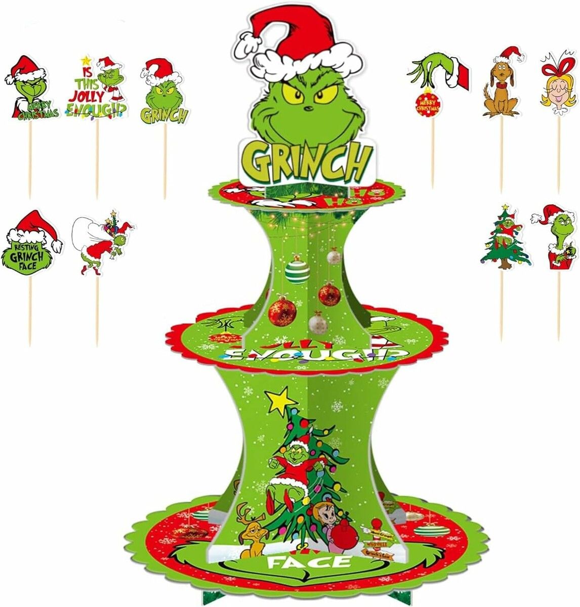 Grinch 3 Tier Christmas Cupcake Stand Sturdy Cardboard Food Display for Party Supplies Cupcakes Candies and Cookies