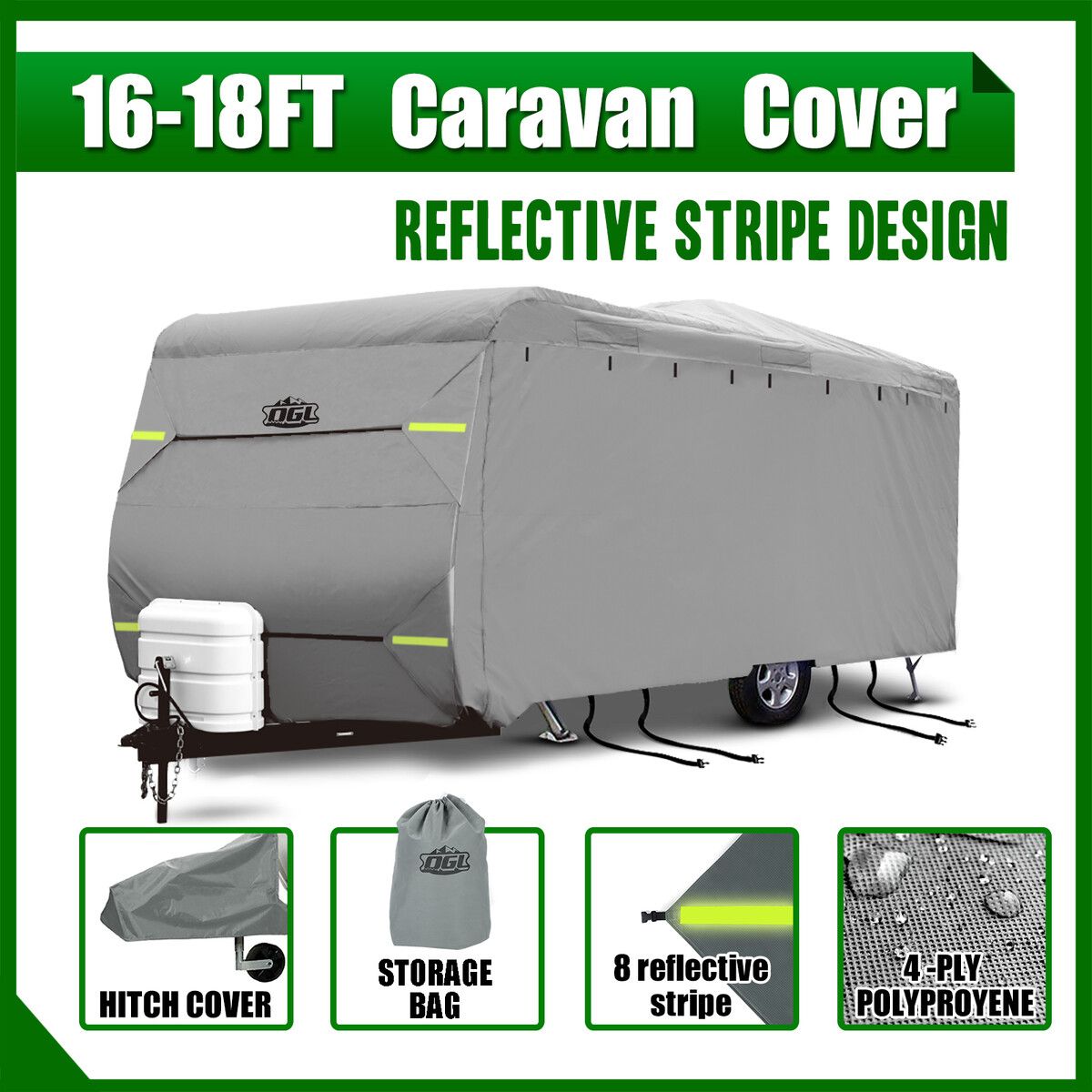 16 to 18ft Caravan Cover Water UV Proof Travel Campervan Trailer Accessories 4 Layer Heavy Duty Polypropylene Protector with Hitch Cover Storage Bag