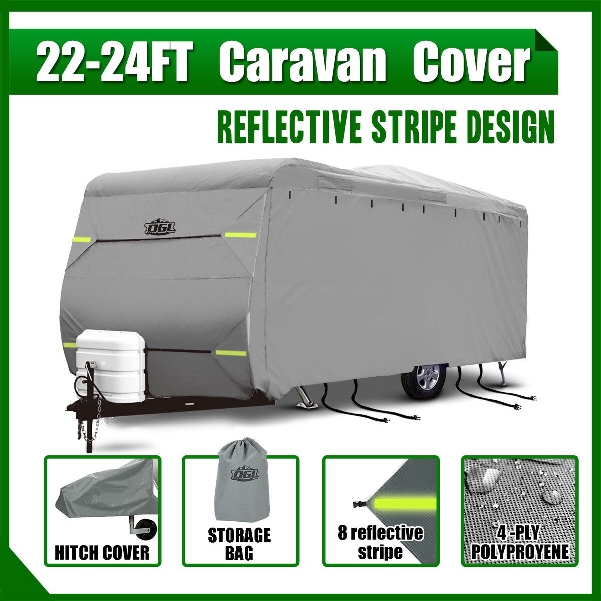 22 to 24ft Caravan Cover UV Water Proof Heavy Duty Travel Campervan Trailer Accessories 4 Layer Polypropylene Protector with Hitch Cover Storage Bag