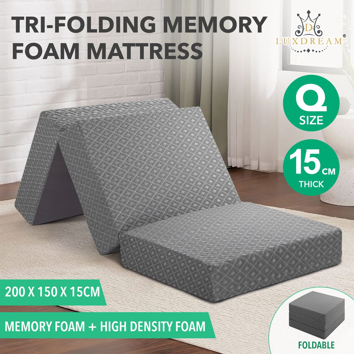 Folding Mattress Queen Size Memory Foam Floor Cushion Portable Trifold Sofa Bed Couch Sleeping Camping Travel Mat Extra Thick 15cm Removable Cover