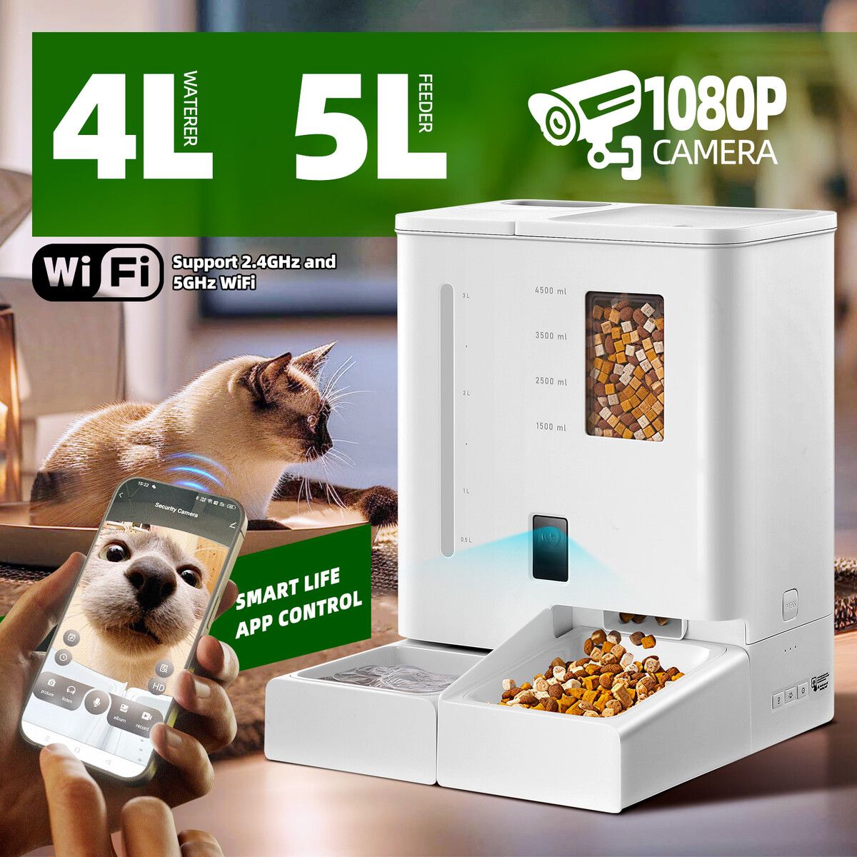 4L Automatic Pet Feeder 5L Waterer Set WiFi Smart Camera Record App Control Cat Dog Water Food Dispense Timed Digital Feeding Drinking PetScene