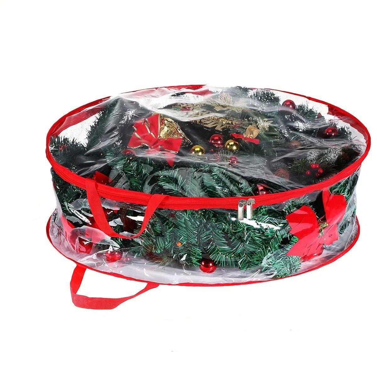 61CM Clear Christmas Wreath Storage Containers,Christmas Wreath Storage Bag,Plastic Christmas Wreath Container with Zippers Color Red