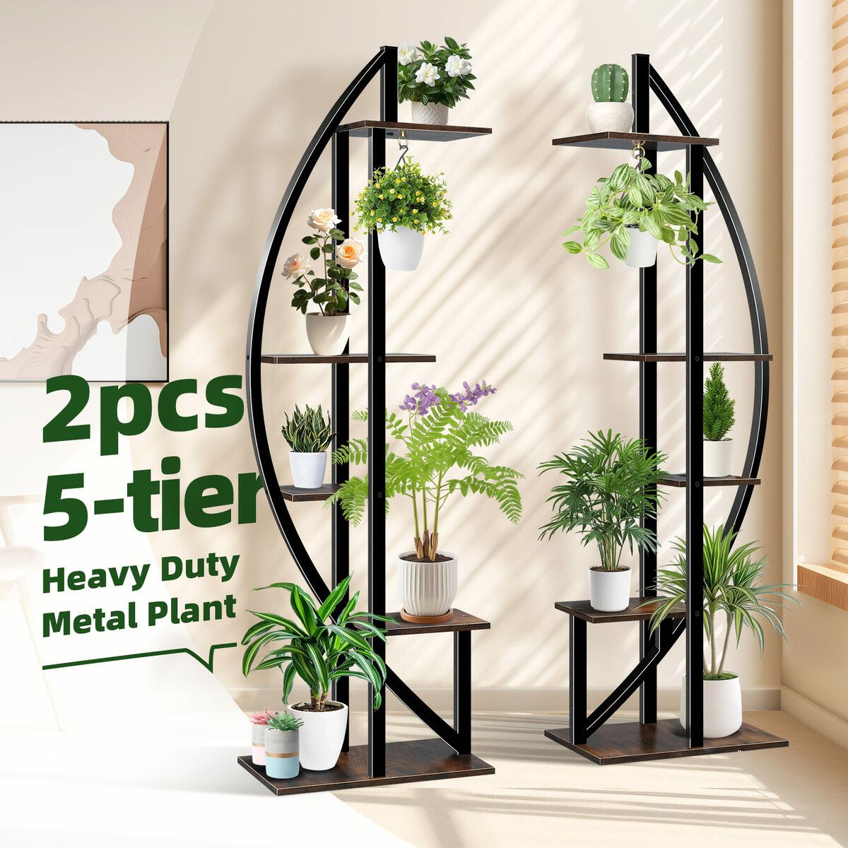 2Pcs 5 Tiered Plant Stand Shelf Metal Crescent Flower Pot Holder Indoor Outdoor Corner Shelves Garden Herb Large Storage Rack Black Brown