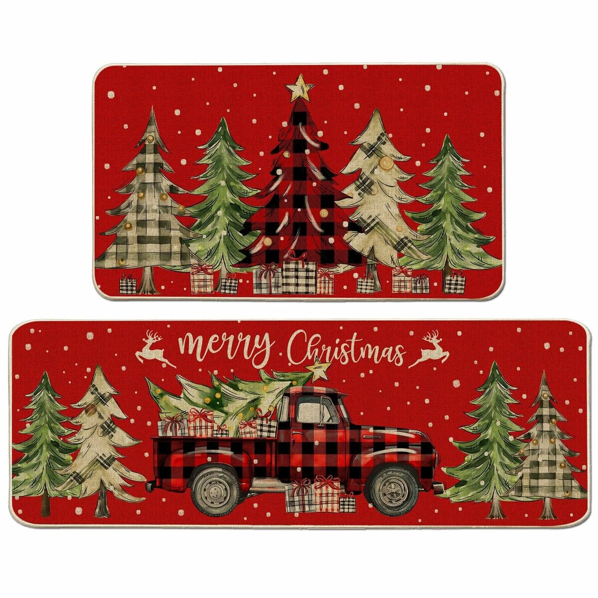 Christmas Kitchen Mats for Floor - Farmhouse Truck Buffalo Plaid Christmas Kitchen Decor - Red Christmas Kitchen Rugs Set of 2