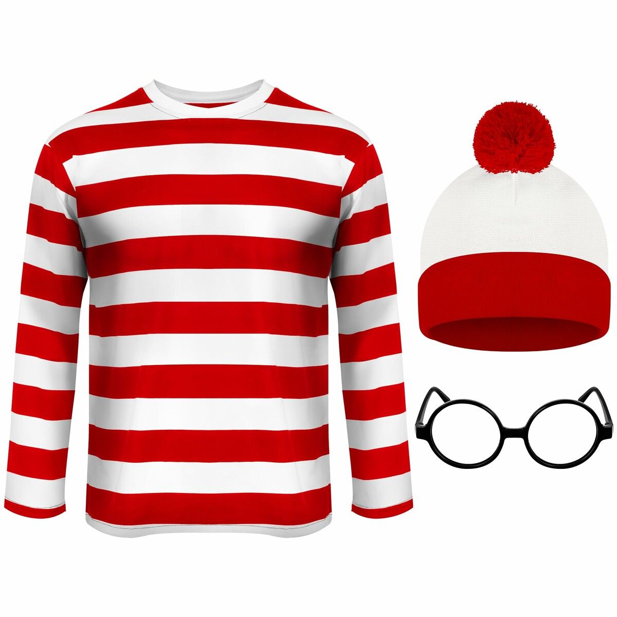 Cosplay Costumes,Red and White Striped Shirt,Christmas Halloween Shirt with Glasses Frame and Hat (Size:Large)