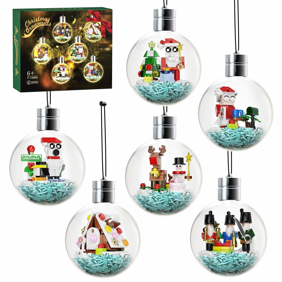 Christmas Ornaments Building Kit with LED Light, Xmas Tree Decorations Contains Santa Claus Gingerbread House Snowman Elk