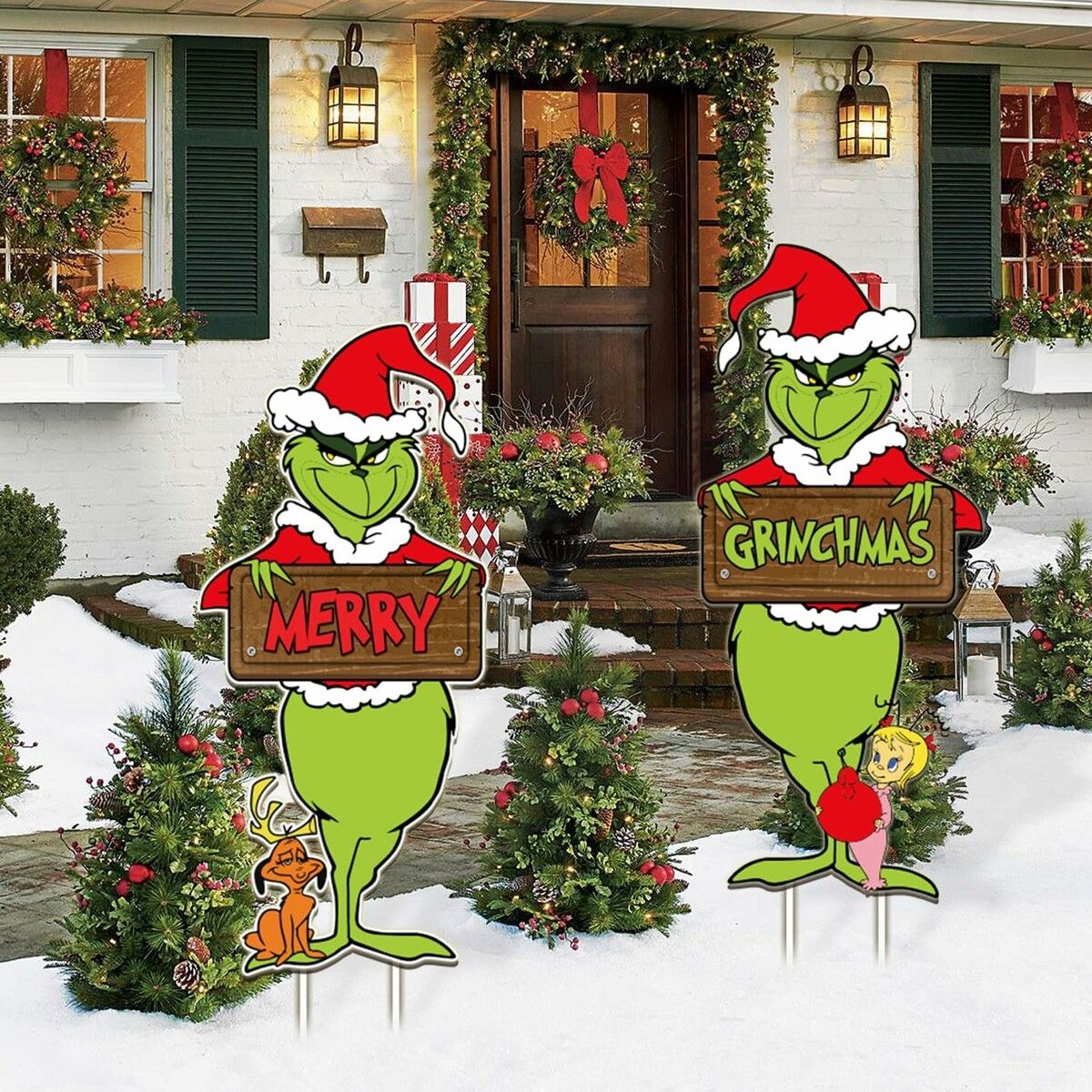 2pcs Grinch Christmas Yard Decorations with Stakes Waterproof Outdoor Christmas Party Decor Holiday    2D Printed Flat Stakes