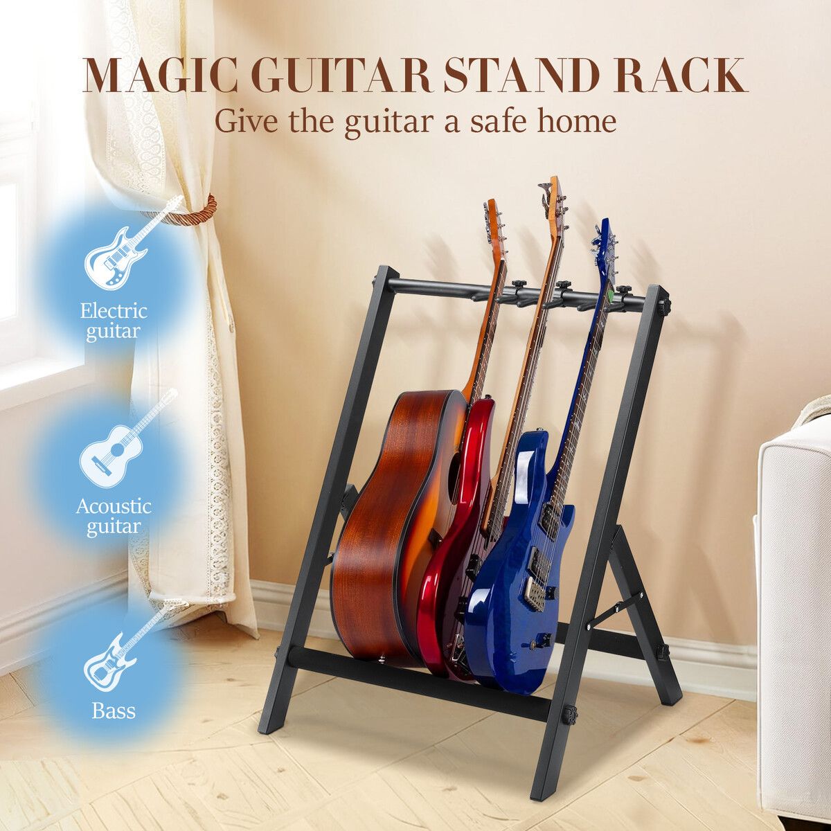 3 Guitar Storage Rack Stand Foldable Multi Ukulele Mandolin Holder Acoustic Electric Bass Musical Instrument Floor Display Hook Hanger Mount Organizer