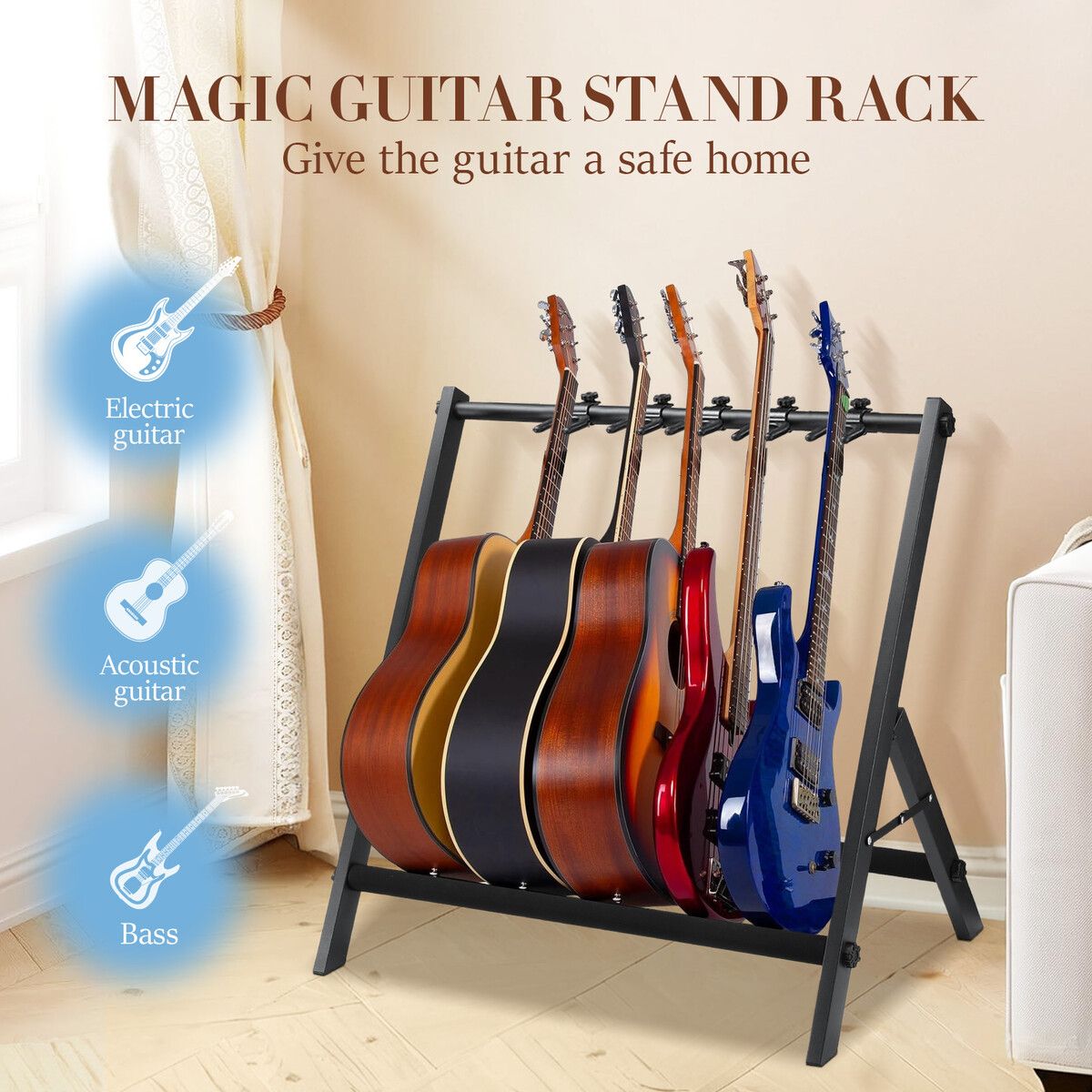 5 Guitar Storage Rack Stand Foldable Multi Ukulele Mandolin Floor Holder Acoustic Electric Bass Musical Instrument Display Hanger Hook Mount Organizer