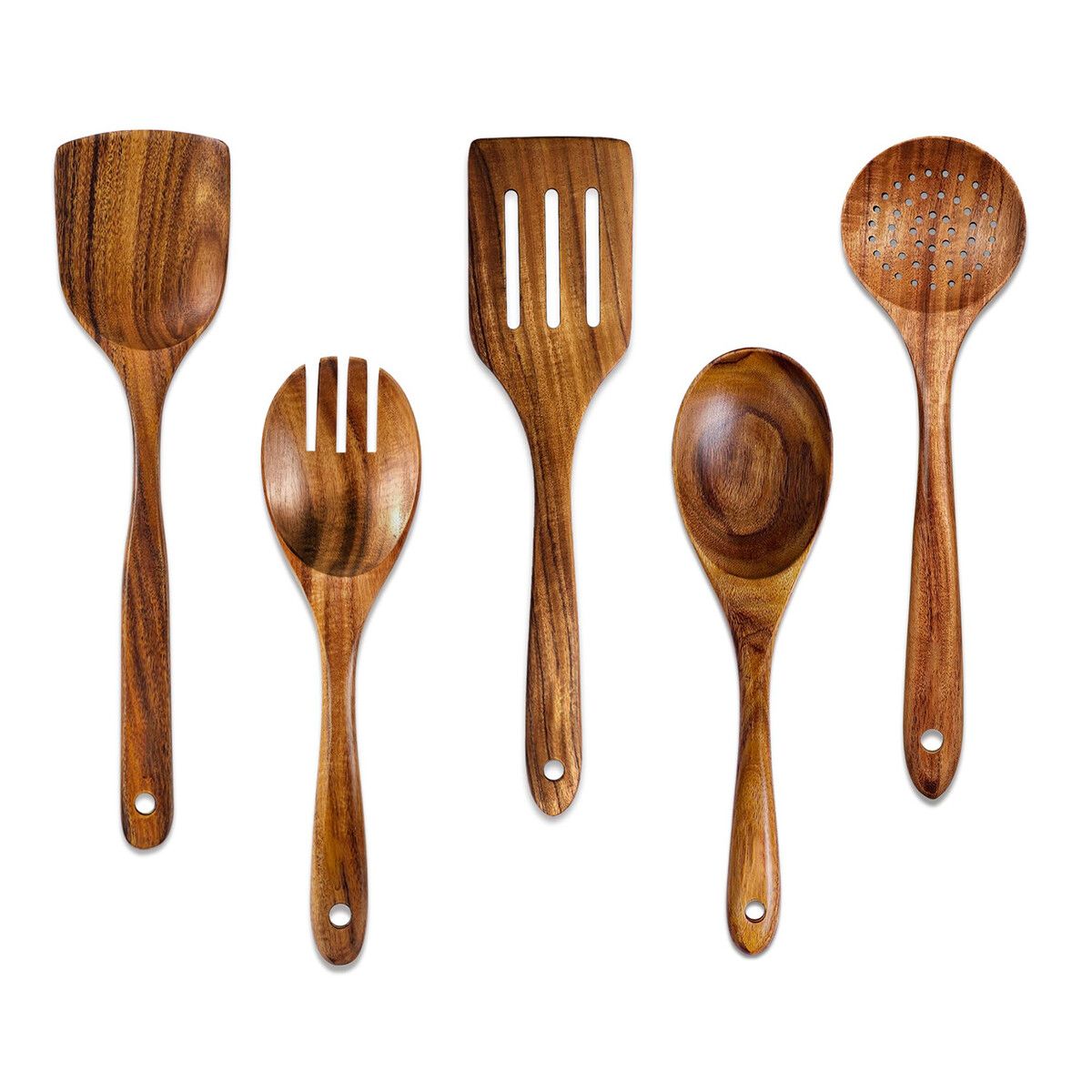 Wooden Spoons for Cooking,5 Pcs Wooden Utensils for Cooking Natural Teak Wooden Kitchen Utensils Set