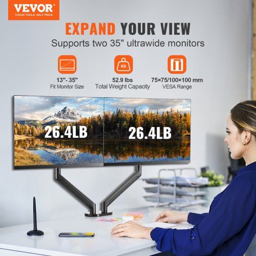 Dual Monitor Mount, Supports 13"-35"锛?30-889 mm锛塖creens, Fully Adjustable Gas Spring Monitor Arm, Holds up to 12 kg per Arm, Computer Stand Holder with C-Clamp/Grommet Mounting Base, VESA Mount Bracket