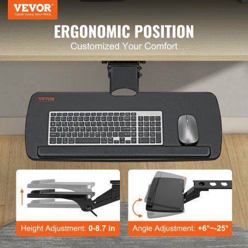 Keyboard Tray under Desk Adjustable Height, Height and Angle Adjustable under Desk Keyboard Tray Slide out, Large 25x9.8 inch Keyboard Holder under Desk for Typing in Home, Office Work