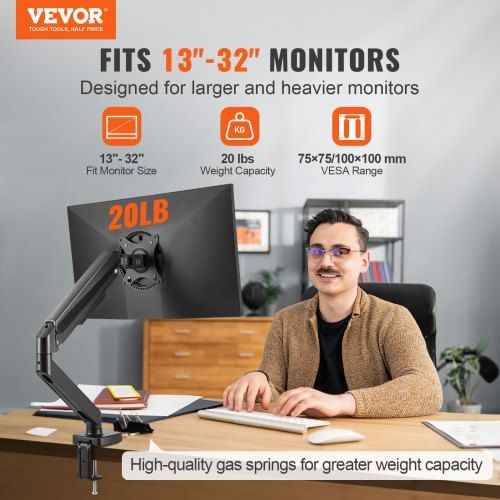 Single Monitor Mount, Supports 13"-32" (330-813 mm) Screen, Fully Adjustable Gas Spring Monitor Arm, Hold up to 9.1 kg, Computer Monitor Stand Holder with C-Clamp/Grommet Mounting Base, VESA Mount Bracket