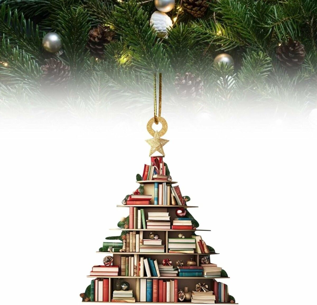 Christmas Tree Shape Bookshelf Pendant,Hanging Sleigh Pendants,Christmas Books Acrylic Ornaments Gifts (D)