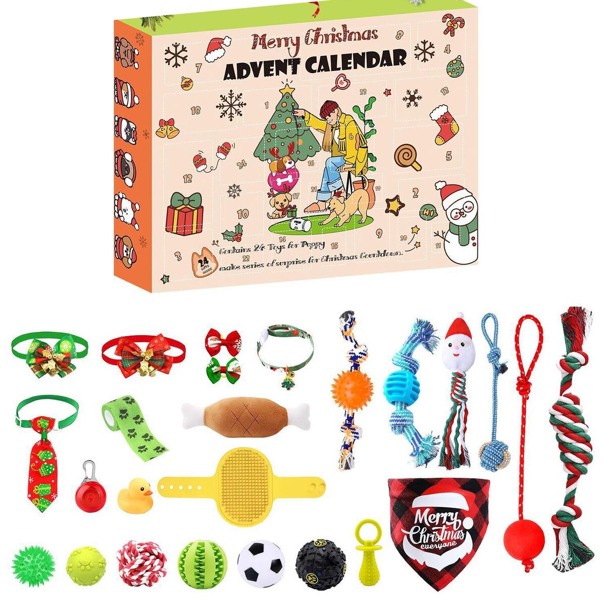 24 Day Dog Advent Calendar Christmas Countdown with Chew Ropes Squeaky Balls and Teething Toys for Small & Large Dogs