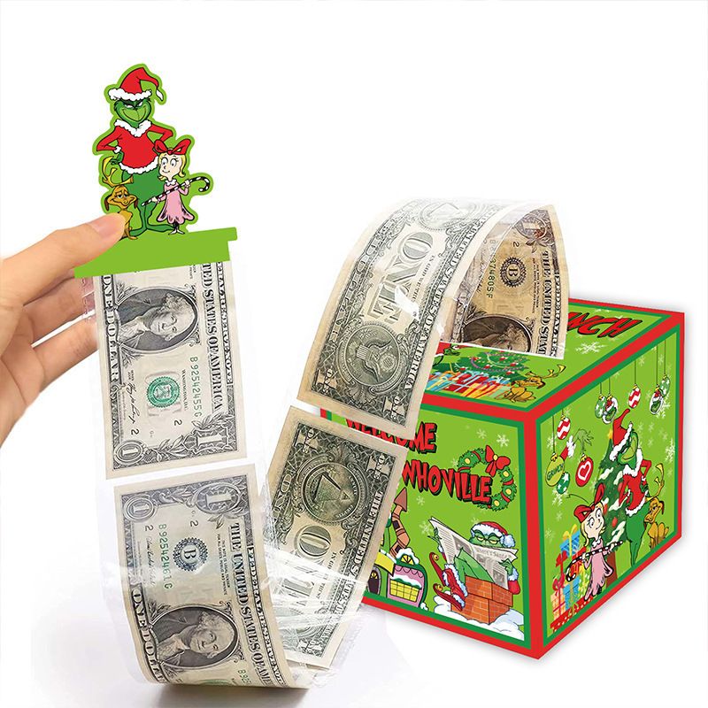 Grinch Christmas Money Box DIY Fun Cash Gift Holder with 30 Transparent Bags Surprise Holiday Gift for Kids Parents and Friends